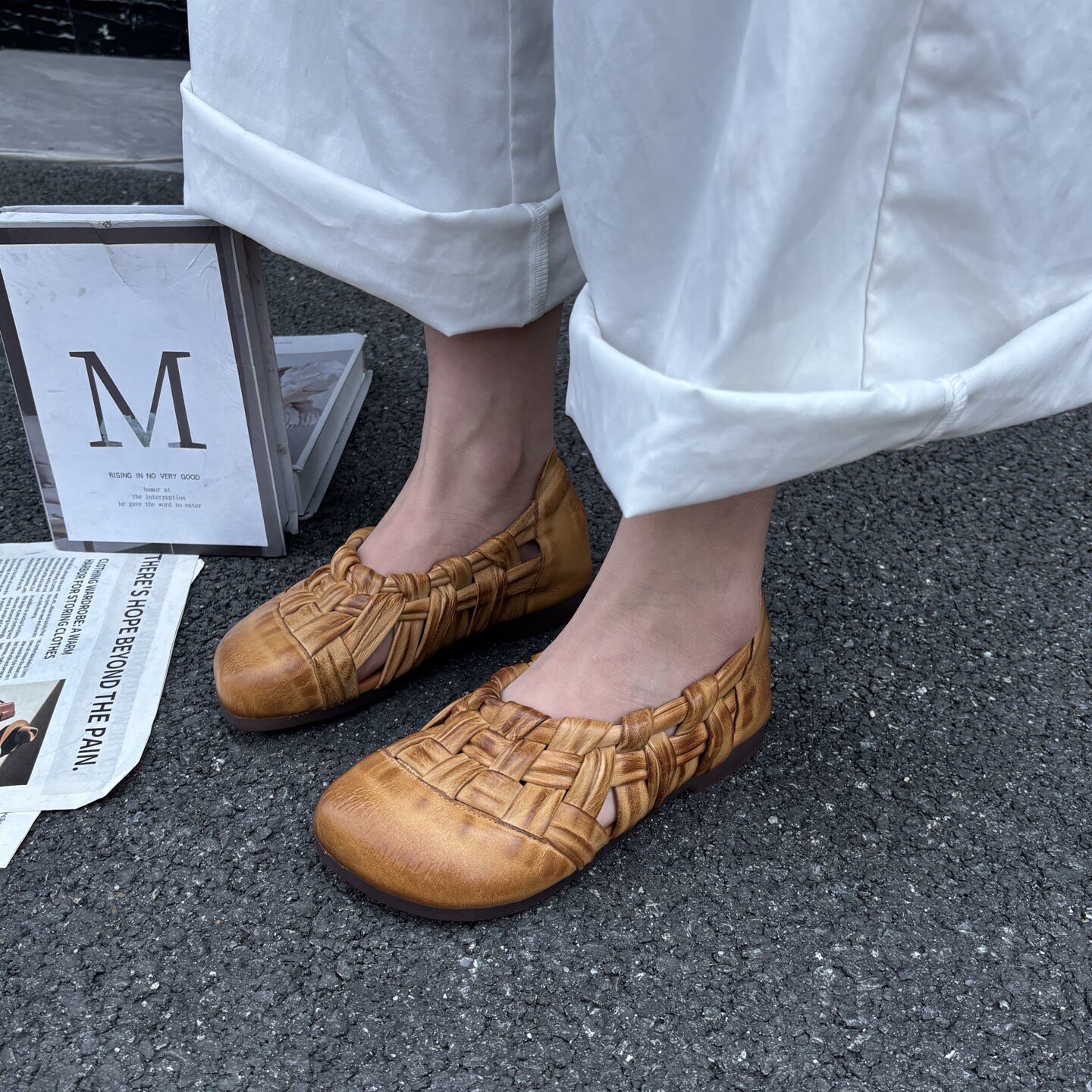 艺鞜复古真皮编织大头浅口单鞋2026春夏新款软底鞋软底麻花凉鞋女