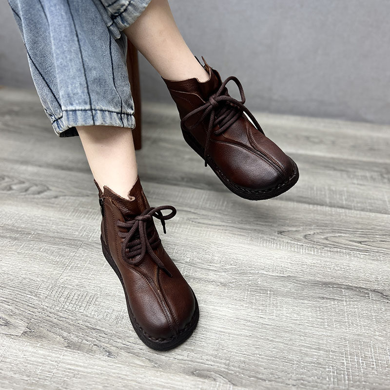 艺鞜2026秋冬新款真皮圆头平底马丁靴松糕妈妈手工侧拉链短靴子女,女鞋,马丁靴,淘宝优惠券,粉丝福利购,淘宝优惠卷