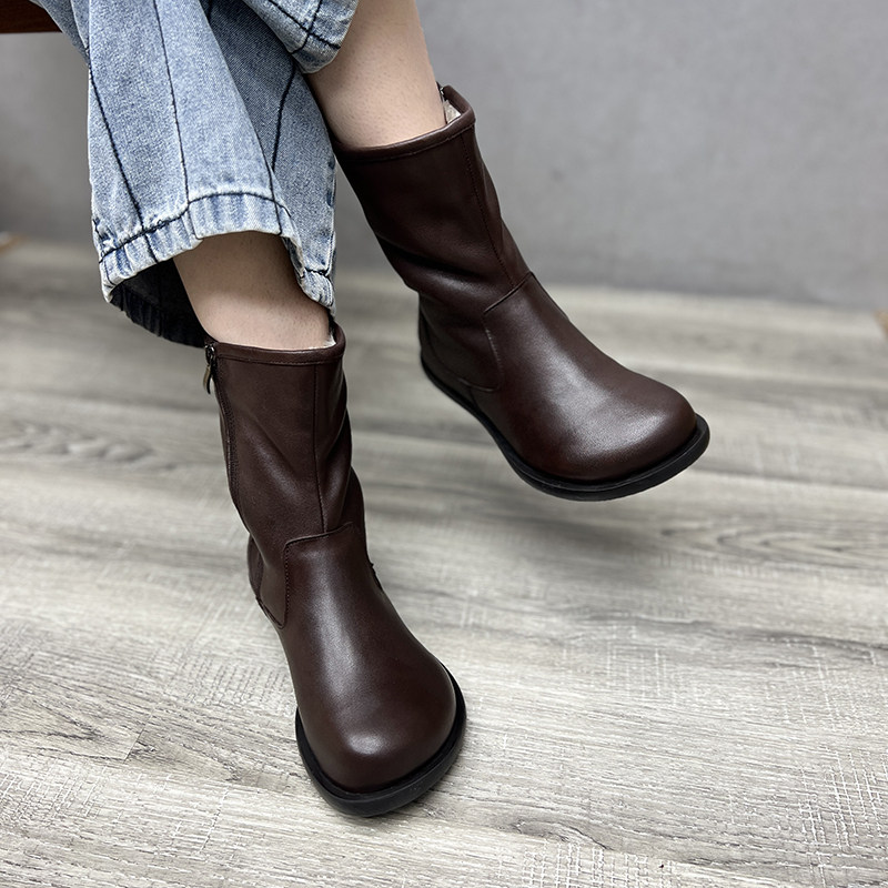 艺鞜2026年冬季新款真皮大毛雪地靴大圆头娃娃侧拉链保暖中筒棉靴,女鞋,时装靴,淘宝优惠券,粉丝福利购,淘宝优惠卷