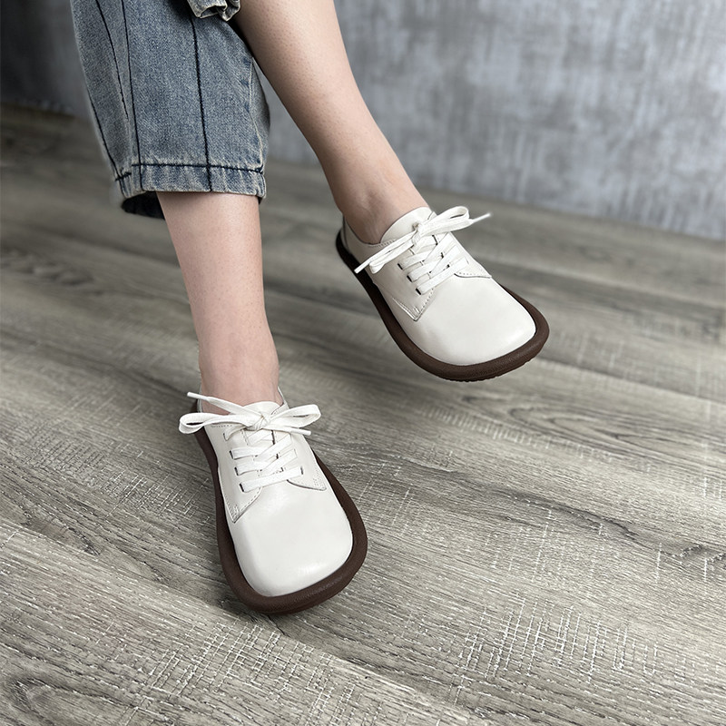 艺鞜2026年秋季新款真皮软底小白鞋头层牛皮圆头平底系带单鞋子女,女鞋,浅口单鞋,淘宝优惠券,粉丝福利购,淘宝优惠卷