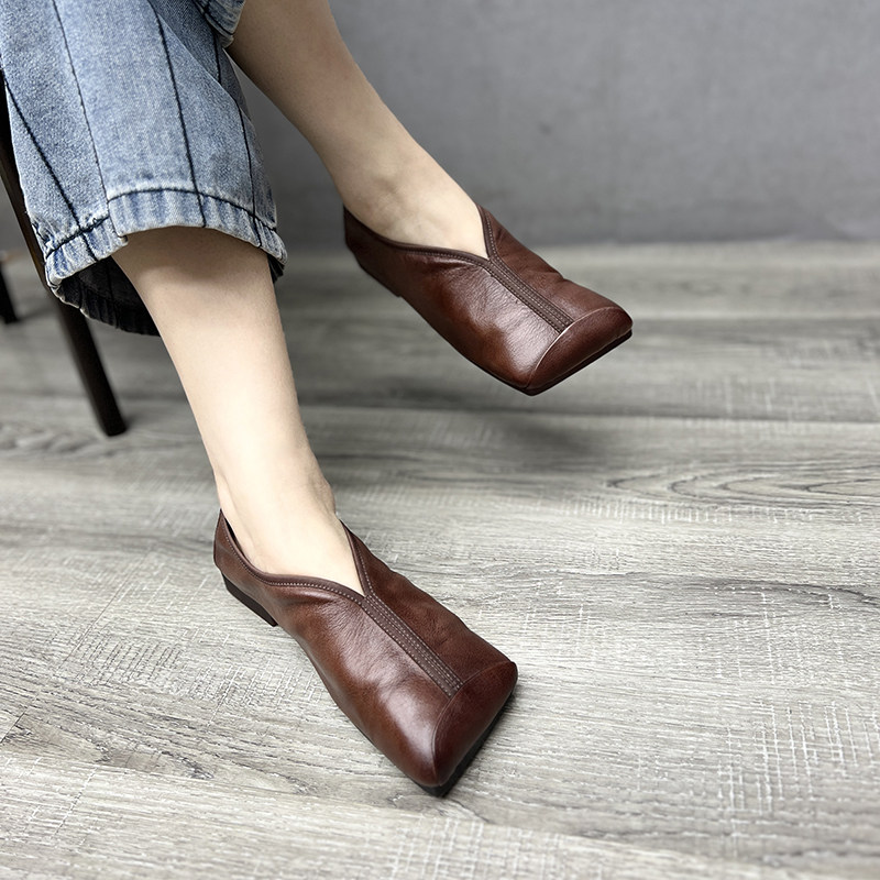 艺鞜2026年秋季新款真皮平底方头复古风一脚蹬懒人佛系单鞋女,女鞋,浅口单鞋,淘宝优惠券,粉丝福利购,淘宝优惠卷