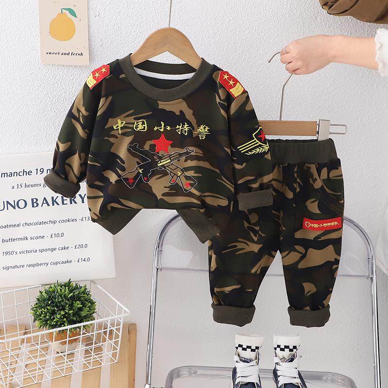 婴儿衣服春季男童圆领卫衣迷彩服套装儿童军训外套长袖宝宝休闲装