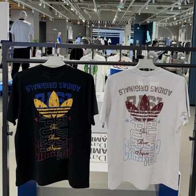 Adidas三叶草新款男女后背复古做旧印花运动短袖T恤LE7353 LE7354