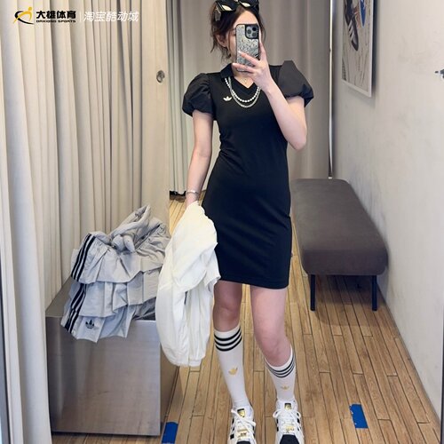 Adidas三叶草26年女子V领泡泡袖黑白色休闲连衣裙KD0302 KE3437