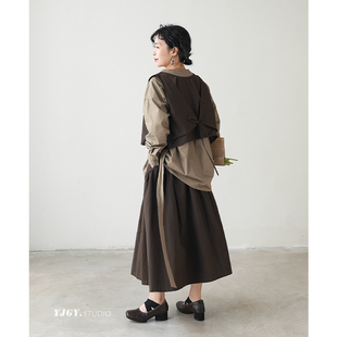 印计谷羽文艺复古磨毛马甲半裙套装 百搭上衣F809 女设计感小众韩版