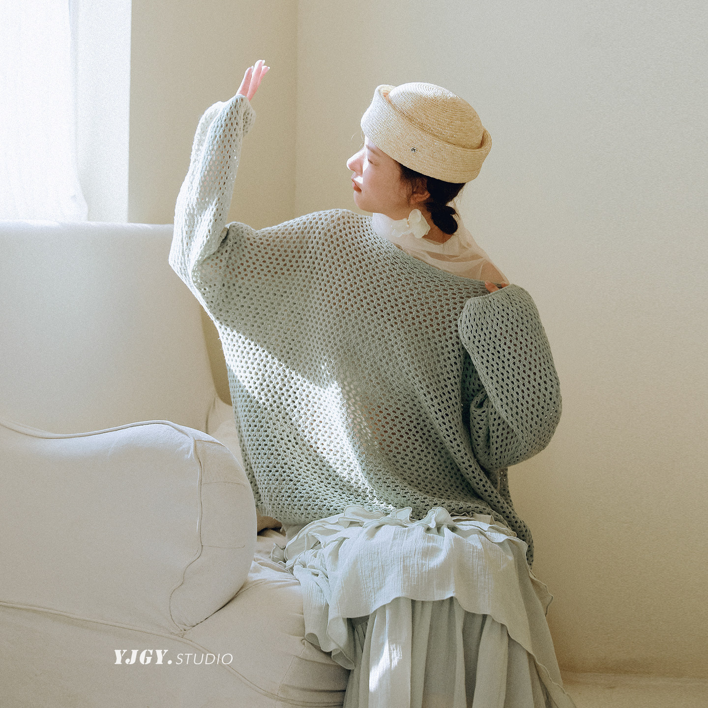 印计谷羽 薄荷绿色镂空针织衫女春夏季薄款宽松长袖上衣亚麻罩衫