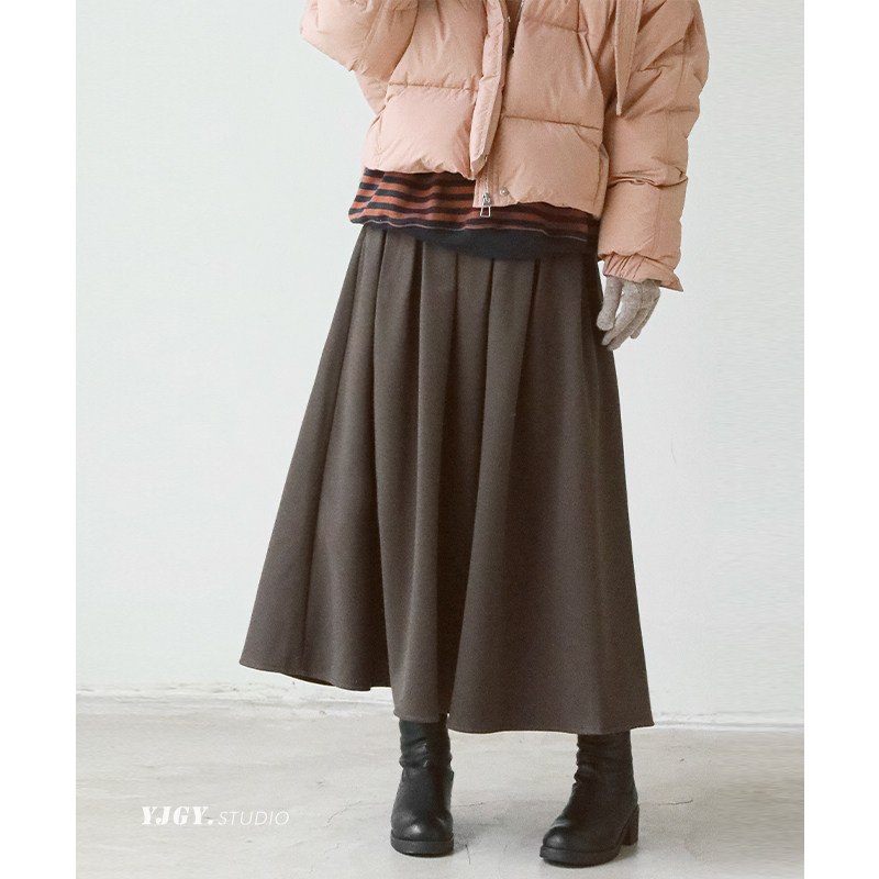 印计谷羽 半身裙女2024新款秋冬季加厚宽松显瘦伞裙毛呢A字裙长裙