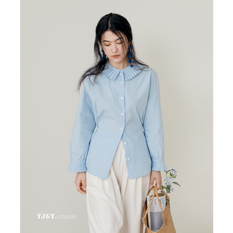 高级法式设计感上衣女2025早春新款月光白风琴褶衬衫收腰显瘦衬衫