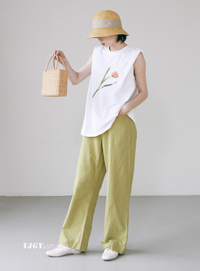 印计谷羽2024夏季新款休闲亚麻棉直筒裤女设计感小众百搭裤子F348