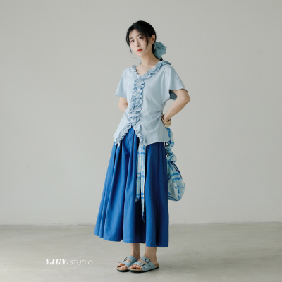 原创设计25夏新短袖女T恤木耳花边纯棉文艺百搭收腰显瘦法式上衣