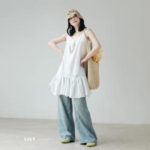 设计感25春夏新显瘦刺绣荷叶边吊带连衣裙蕾丝不规则背心裙F1114