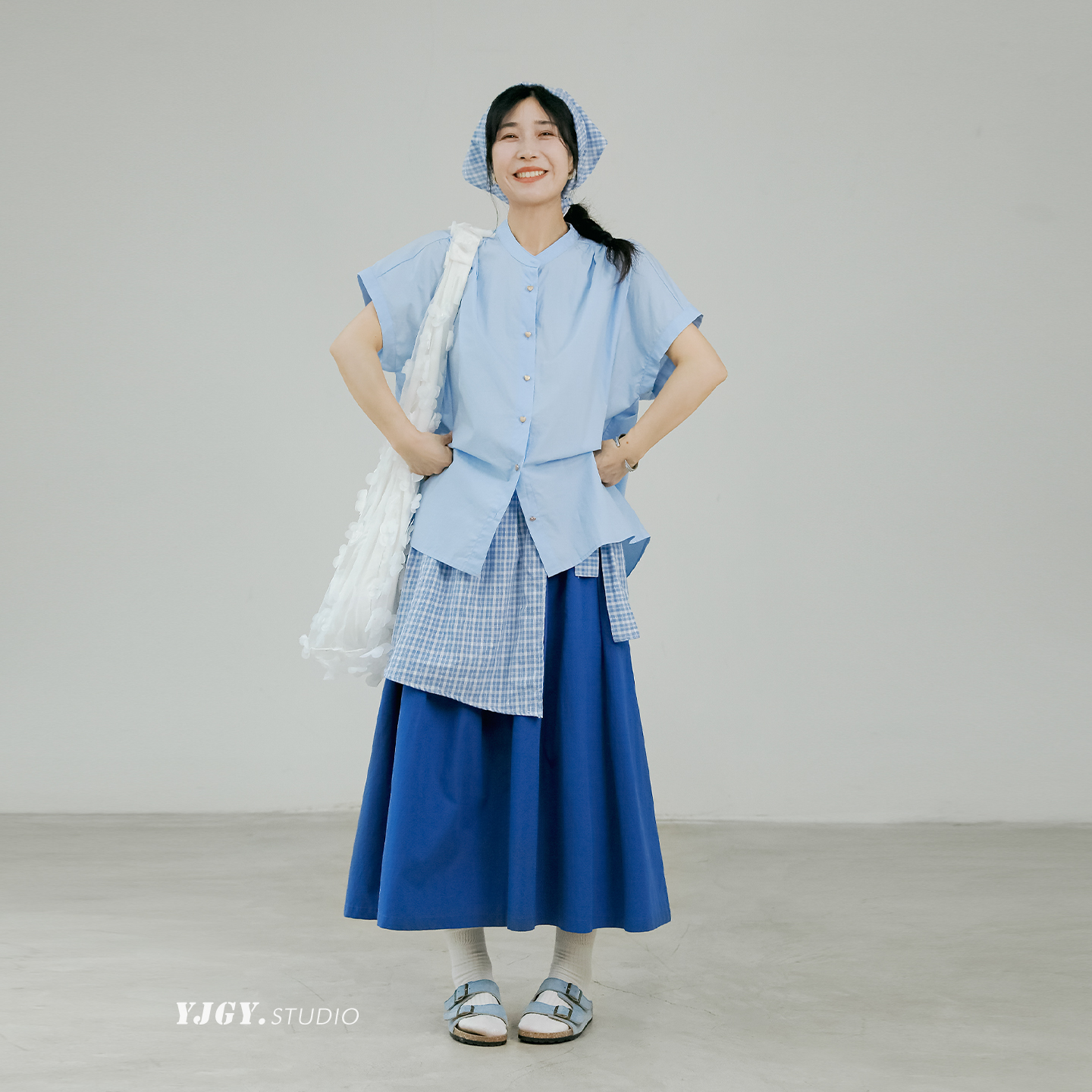 日系设计圆领蓝衬衫女阔腿裤套装