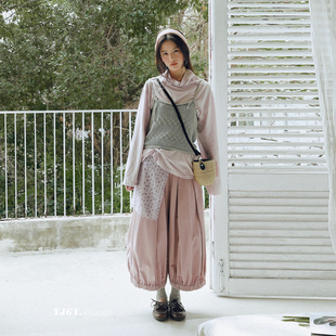 休闲粉色南瓜裤 印计谷羽 宽松显瘦七分裤 女春夏季 复古阔腿灯笼裤