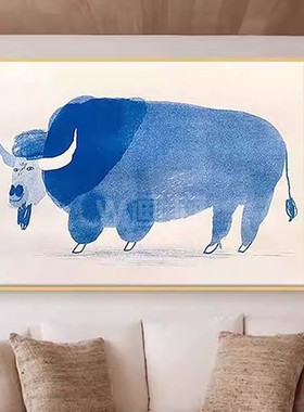 美式抽象蓝色公牛动物客厅书房装饰画克莱茵兰大色块样板房装饰画