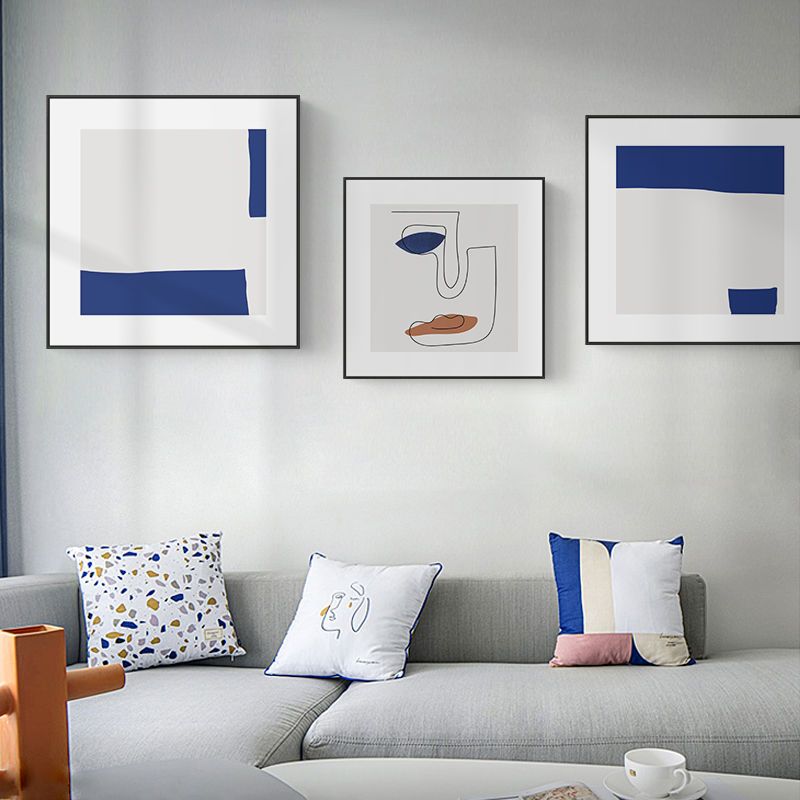 现代简约客厅装饰画正方形壁画蓝色抽象线条人物挂画图片
