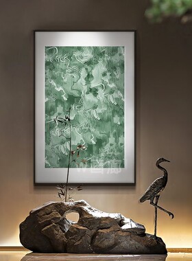 新中式流水生财装饰画茶室书房抽象绿色民宿酒店餐厅客厅背景挂画