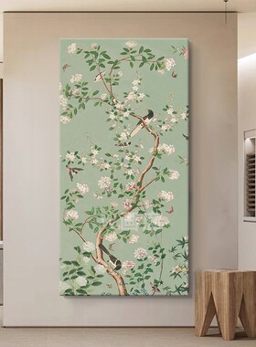 海棠花喜上枝头高级感小众玄关装饰画客厅抽象喜鹊绿色挂画