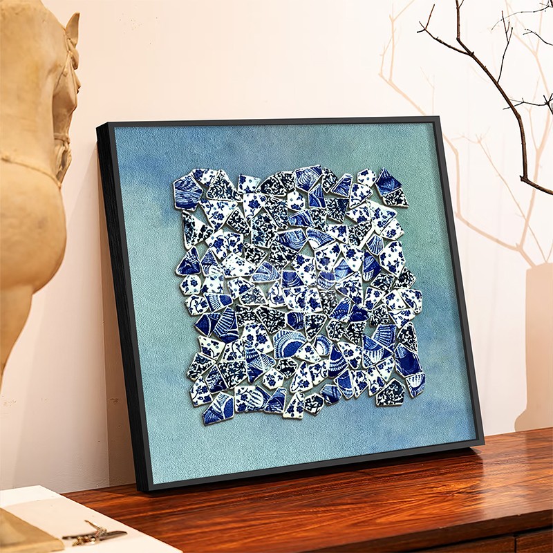 入户玄关柜瓷片装饰画客厅青花瓷浮雕挂画高级感蓝色抽象壁画图片