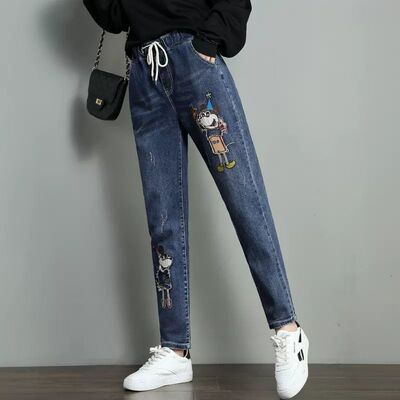 胖mm大码牛仔裤女高腰萝卜裤刺绣
