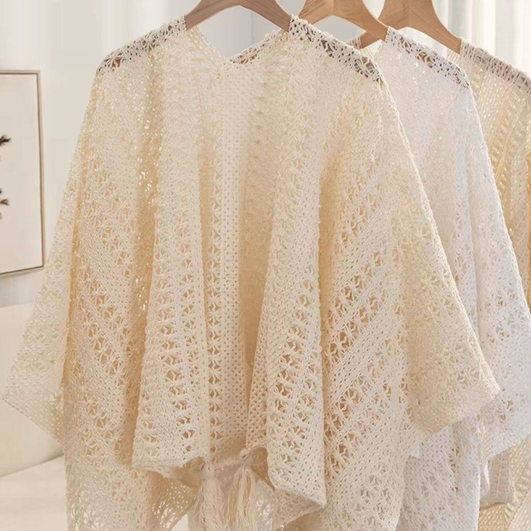 大码复古民族针织流苏开衫外套镂空百搭纯色斗篷披肩裙子蕾丝罩衫
