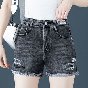 胖mm大码高腰牛仔短裤女夏季薄款韩版宽松刺绣女裤显瘦烟灰色裤子