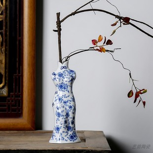 创意手工彩绘陶瓷花瓶花器中国风旗袍干花花插花瓶禅意装 饰摆件