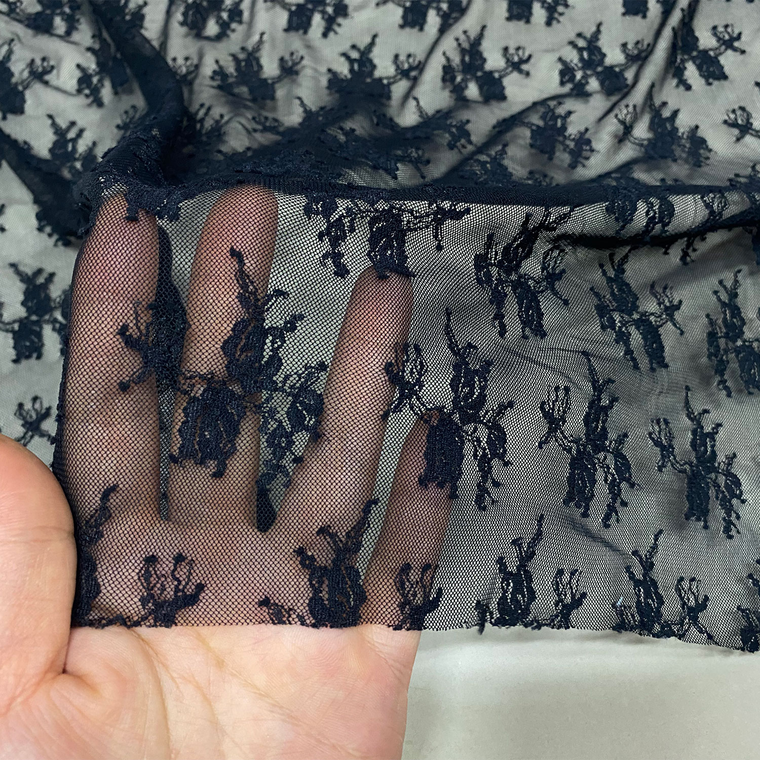 法式高端黑色网纱弹力蕾丝布料柔软亲肤立体花打底衫裙子服装面料