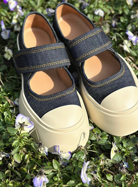 赵露思同款玛丽珍鞋女夏复古mona丑萌大头鞋魔术贴牛仔帆布厚底鞋