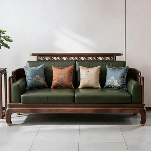 新中式北美黑胡桃木真皮沙发客厅直排皮艺沙发轻奢双人位实木定制