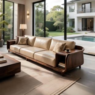 新中式北美黑胡桃木直排沙发实木储物沙发真皮轻奢三人位高端别墅