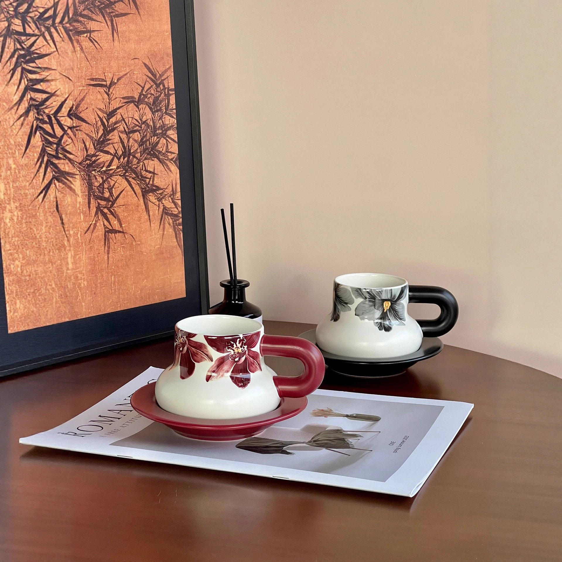 国风陶瓷杯水杯女士咖啡杯套装高端轻奢茶餐厅商用马克杯带碟杯子