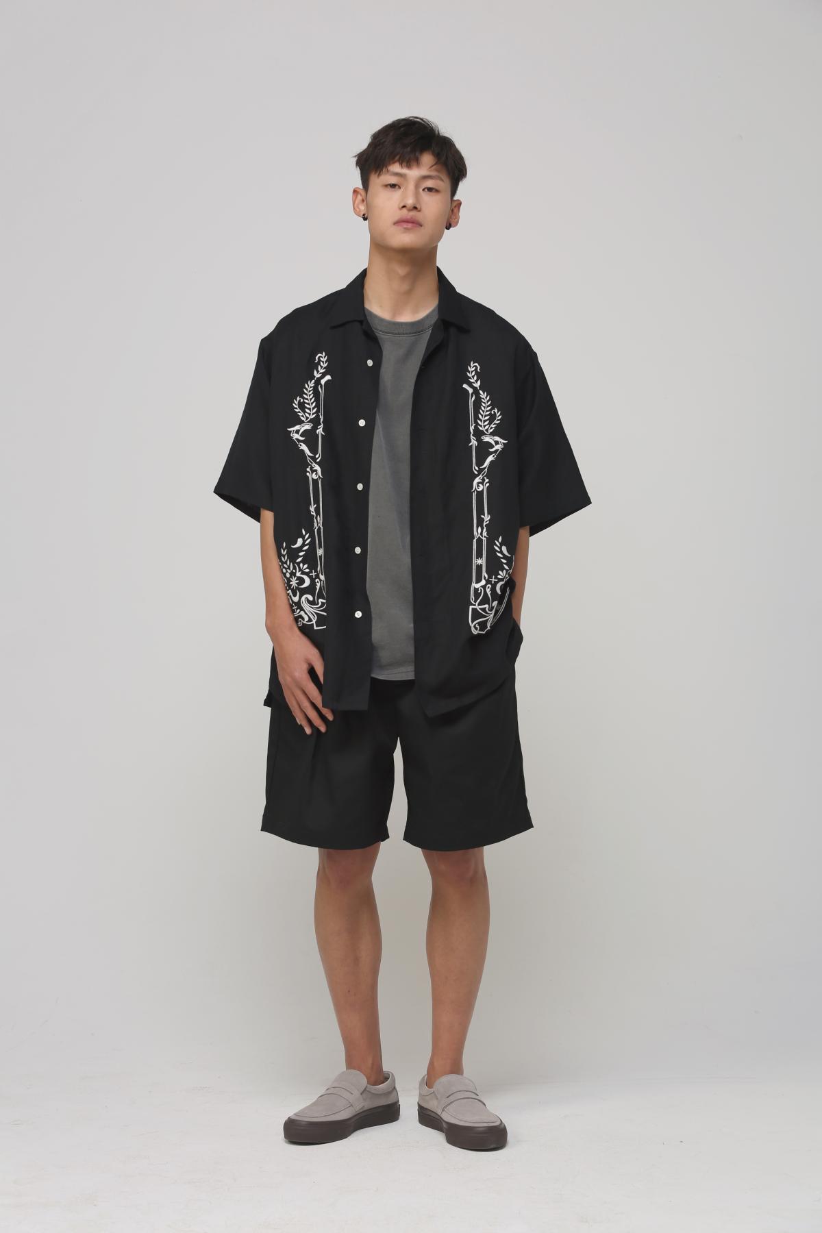 夏威夷美式复古亚麻刺绣双色衬衫