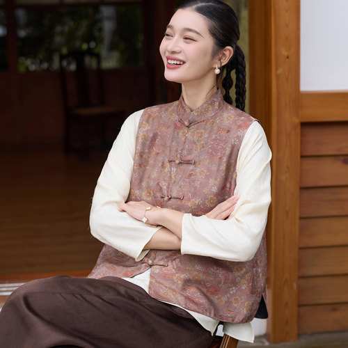 菲伊唐真丝织锦缎红云纱盘扣马夹