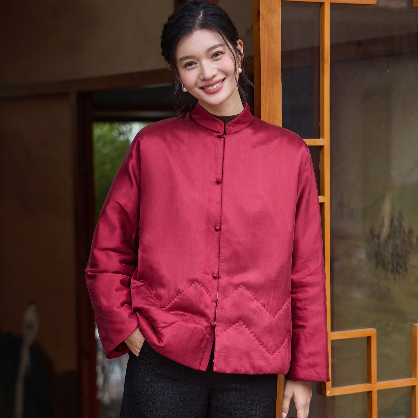 菲伊唐真丝交织砂洗缎冬棉衣上衣