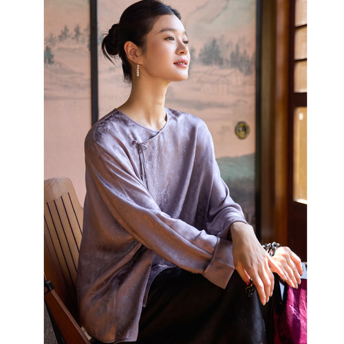 真丝提花斜襟圆领外套唐装女上衣