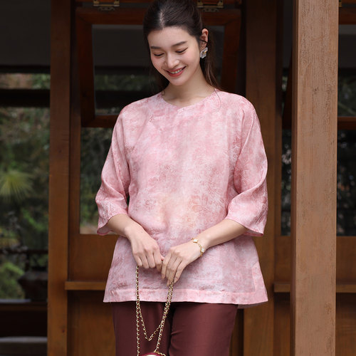 菲伊唐丝麻提花缎夏女斜襟女上衣