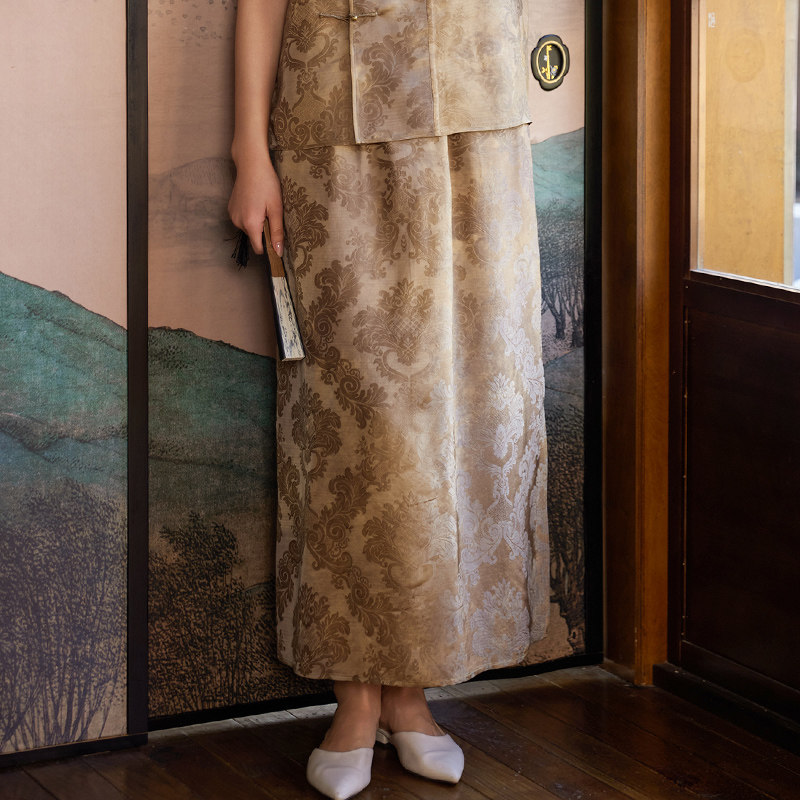 菲伊唐草木染提花缎女半身裙子女