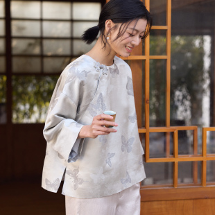 菲伊唐新中式 国风真丝羊毛正绢缎斜襟圆领外套女上衣 复古改良衬衫