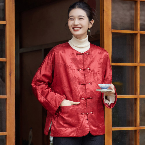 真丝羊毛提花缎盘扣夹棉衣女上衣