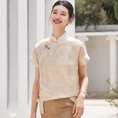 斜襟复古上衣 女单旗袍立领短袖 真丝定位印花中式 改良手工盘扣唐装