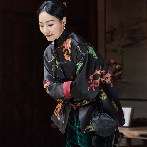 菲伊唐真丝扎染香云纱棉衣女上衣