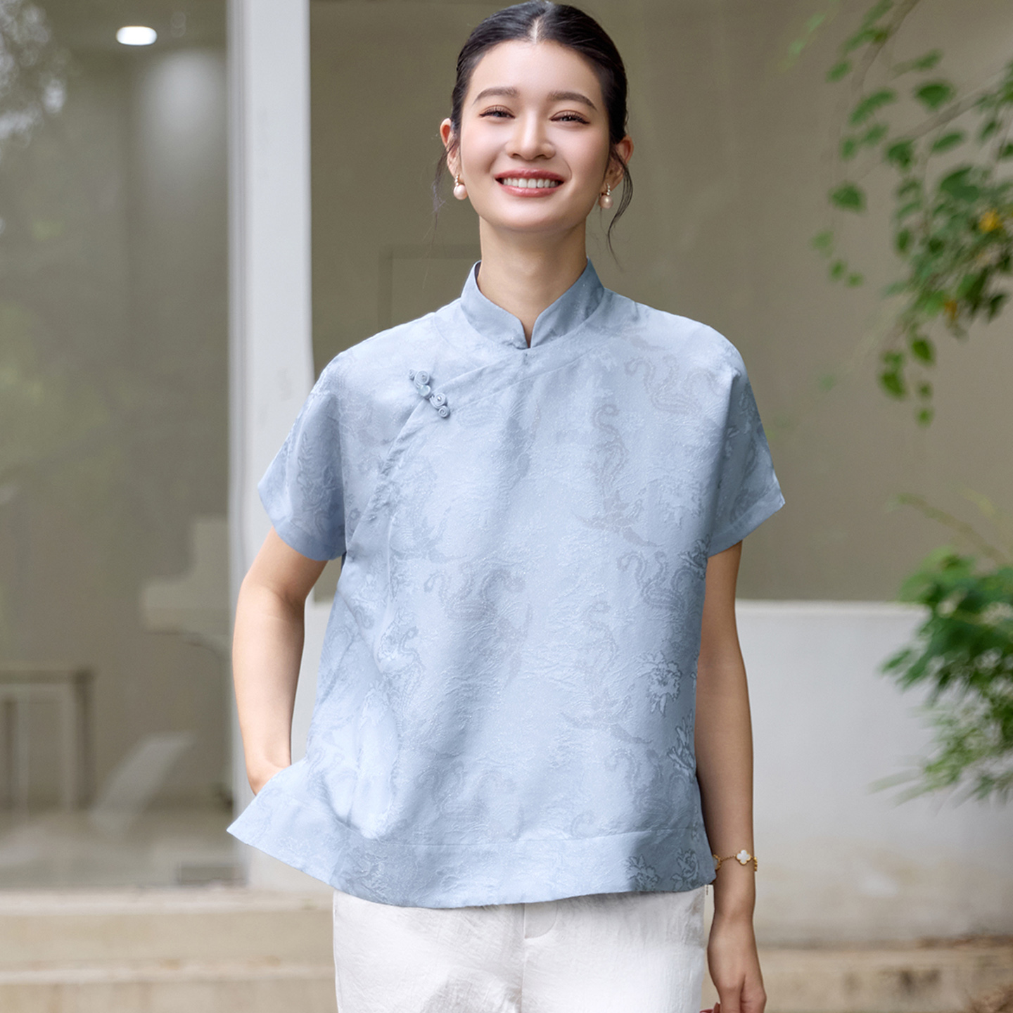 菲伊唐真丝花萝短袖短旗袍女上衣