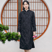 真丝羊毛提花缎文艺复古裙中式 旗袍裙女连衣裙 改良立领显瘦中长款