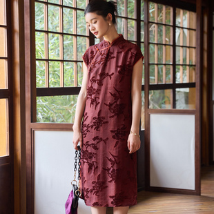真丝烂花绡香云纱唐装女连衣裙文艺复古改良宽松中式立领旗袍裙女