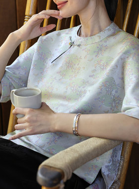 菲伊唐夏真丝宋锦提花短袖女上衣