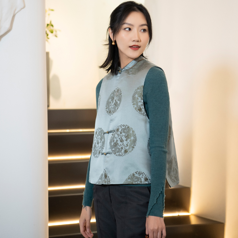 真丝花蕾缎坎肩背心夹棉开襟短马夹女新中式改良立领复古唐装上衣