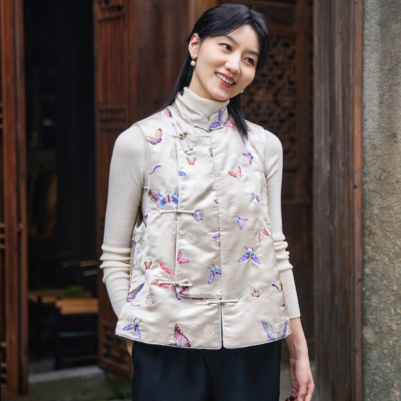 女立领古背心夹棉真丝库缎刺绣花