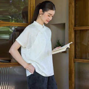 菲伊唐夏季真丝花萝新中式改良宽松文艺复古立领斜襟女装短袖上衣