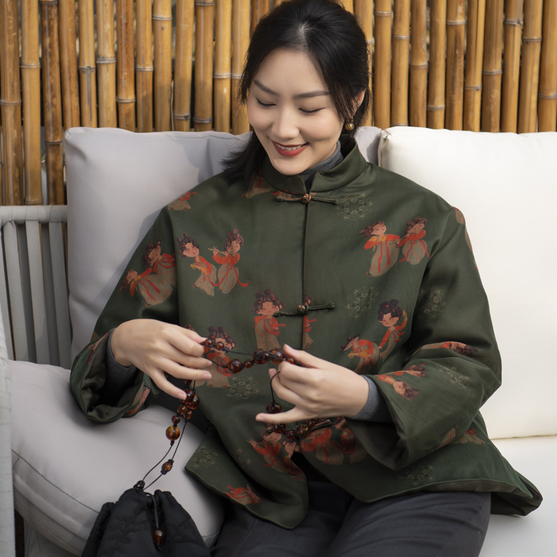 2024年秋冬样衣真丝提花开襟圆领短款上衣中式复古唐装棉衣女外套