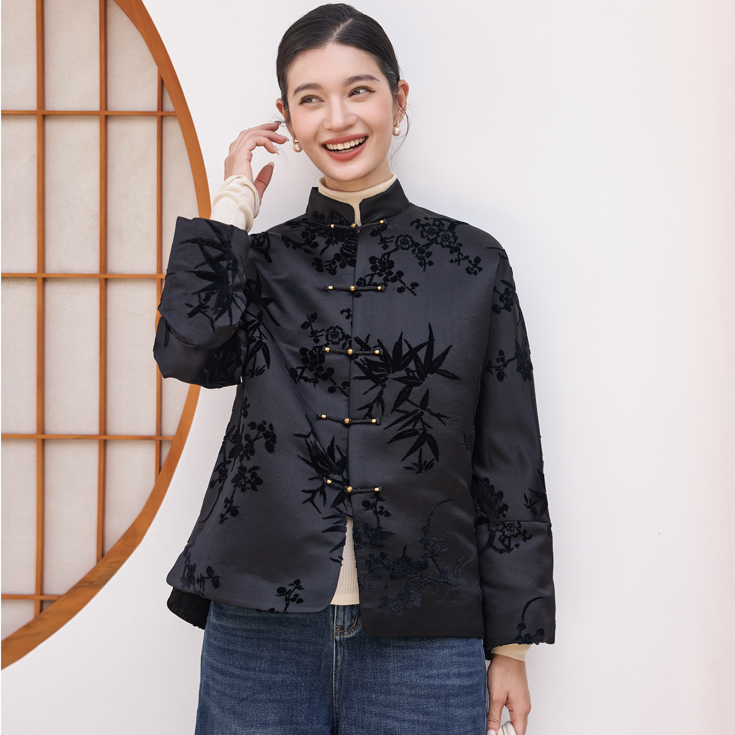 菲伊唐真丝漳绒冬棉衣立领女上衣